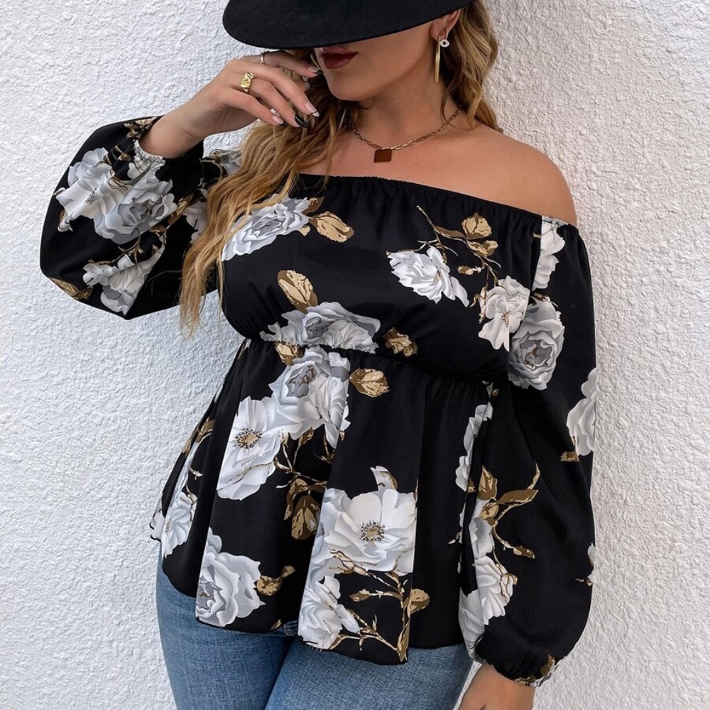 Boho Plus Floral Print Off Shoulder Cottagecore Top - Picture 2 of 9